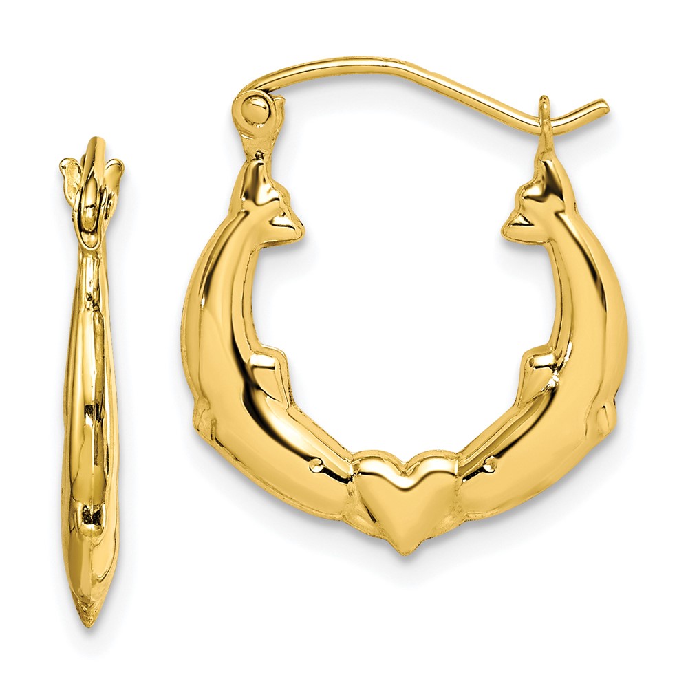 10k Yellow Gold Mini Dolphin Nautical Sea Life Heart Hollow Hoop Earrings 142$